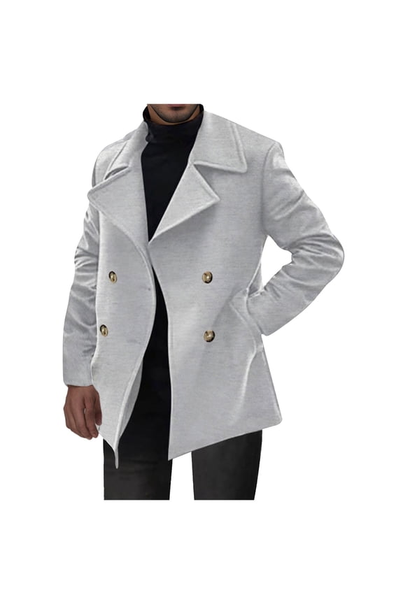 Mens Wool Blend Coat Winter Trench Coats Notched Lapel Collar Single Breasted Overcoat Classic Peacoat with Pockets
