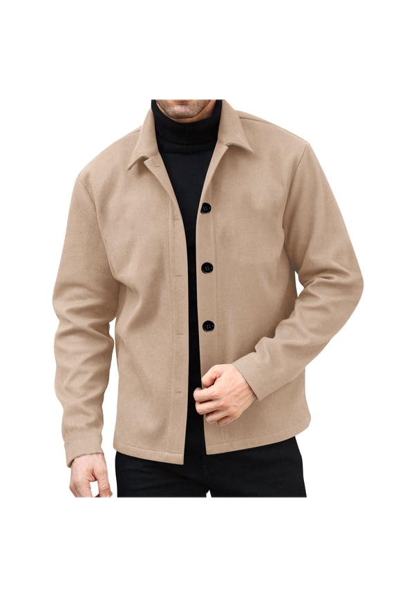 Mens Wool Shacket Jackets Winter Long Sleeve Button Down Lapel Collar Peacoat Casual Business Warm Short Trench Coats