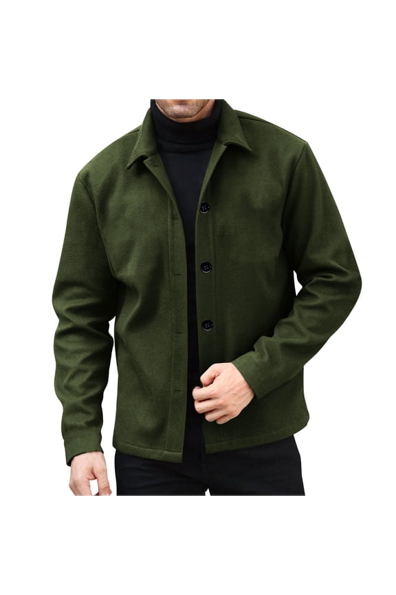 Mens Wool Shacket Jackets Winter Long Sleeve Button Down Lapel Collar Peacoat Casual Business Warm Short Trench Coats
