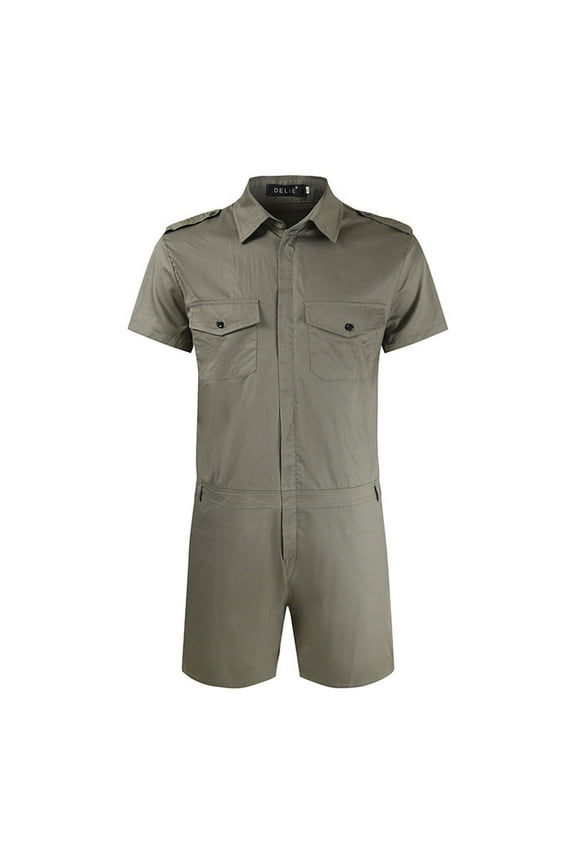 Mens Zip-Front Shorts Coverall Short Sleeve Casual Overalls Work Wear One Piece Slim Fit Rompers Jumpsuits with Chest Pockets