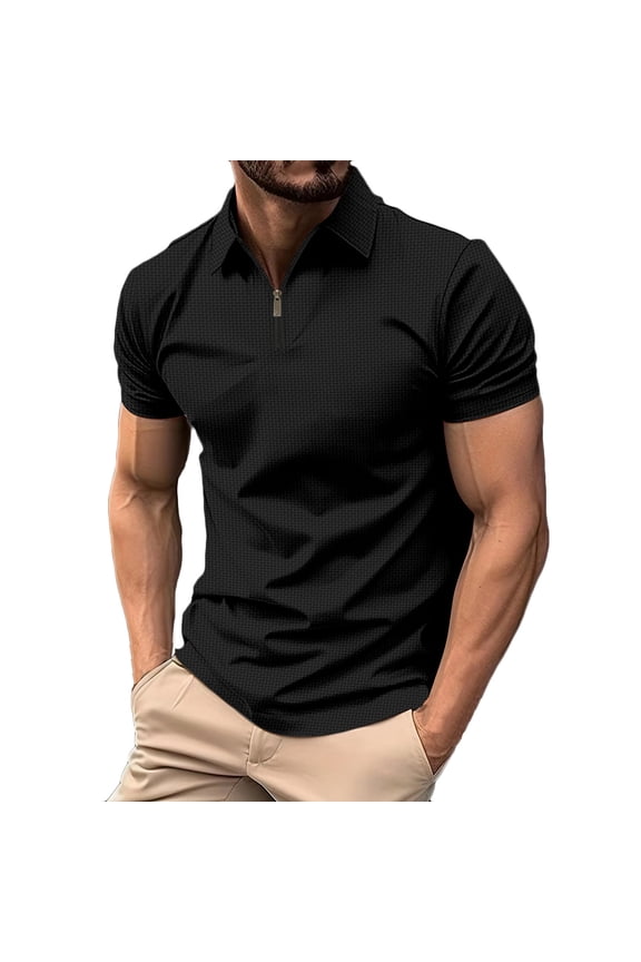 Mens Zipper Polo Shirt Waffle Knit Casual Quarter Zip Tee Shirt Classic Short Sleeve Collared T Shirt Summer Pullover Tshirt