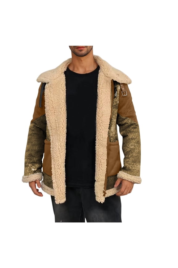 Western Jackets for Men Vintage Cowboy Faux Suede Jacket Fuzzy Fleece Lined Collared Coats Zip Up Casual Retro Winter Outwear Tops with Pockets