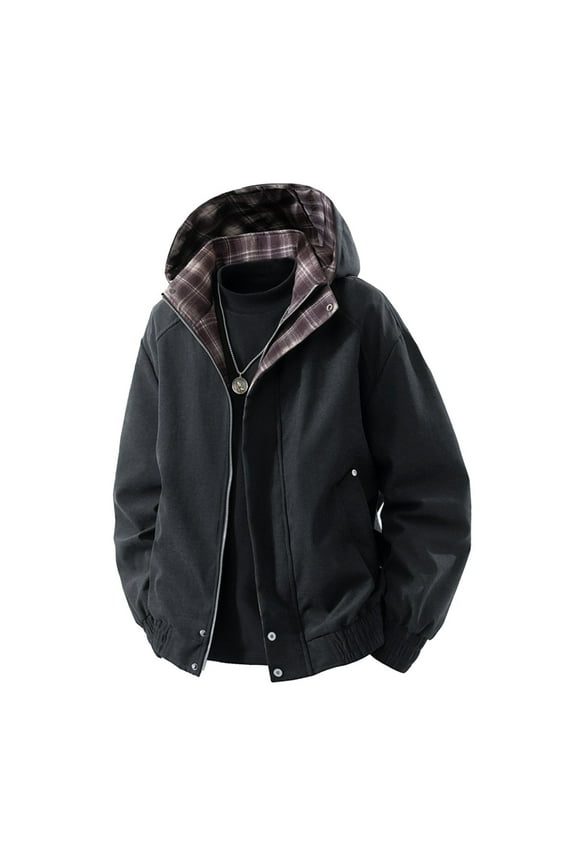 Windbreaker Jackets for Men with Detachable Hooded Full Zip Bomber Jacket Plaid Lined Casual Loose Long Sleeve Work Coats