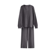 zfwon 2 Piece Co Ord Outfits Women Casual Knitwear Sets V-Neck Long Sleeve Jumper and Straight Leg Trousers Matching Sets Thermal Loungewear Tracksuit Outfit for Winter