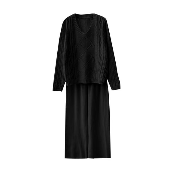 zfwon 2 Piece Co Ord Outfits Women Casual Knitwear Sets V-Neck Long Sleeve Jumper and Straight Leg Trousers Matching Sets Thermal Loungewear Tracksuit Outfit for Winter