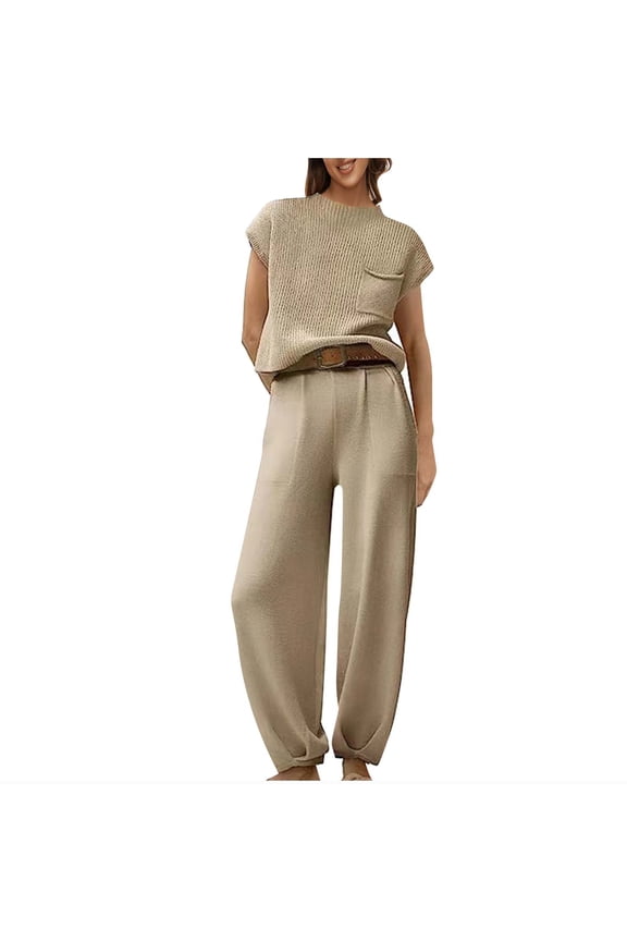 2 Piece Co Ord Set Women Tracksuit Ladies Short Sleeve Round Neck Pocket Tops & Relaxed Lounge Pants Lounge Wear Set Casual Knitwear Outfit for Spring Summer Fall Daily Wear