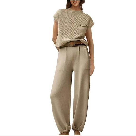 zfwon 2 Piece Co Ord Set Women Tracksuit Ladies Short Sleeve Round Neck Pocket Tops & Relaxed Lounge Pants Lounge Wear Set Casual Knitwear Outfit for Spring Summer Fall Daily Wear