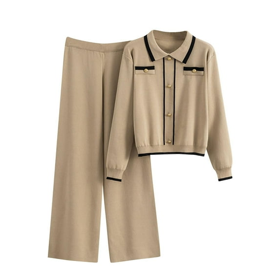 zfwon 2 Piece Outfits Women Co Ord Sets Collared Long Sleeve Jumper Tops and High Waist Trousers Loungewear 2 Piece Outfit Loose Fit Matching Sets Women Clothing Formal Casual Suits