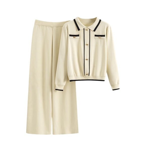 zfwon 2 Piece Outfits Women Co Ord Sets Collared Long Sleeve Jumper Tops and High Waist Trousers Loungewear 2 Piece Outfit Loose Fit Matching Sets Women Clothing Formal Casual Suits
