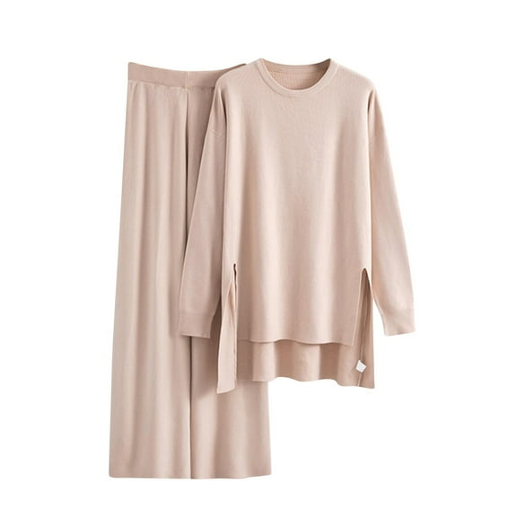 zfwon 2 Piece Outfits Women Knitted Sweater Sets Long Sleeve Crew Neck Jumpers with Slit Hem & High Waisted Wide Leg Pants Stretchy Office Casual Outfit for Autumn Winter Layering