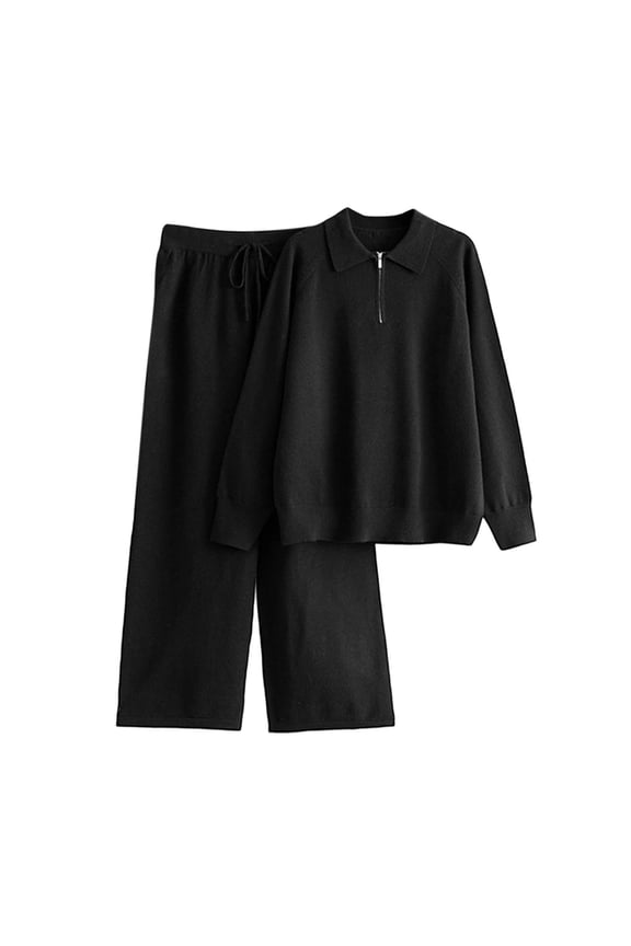 2 Piece Outfits Women Lounge Sets Tracksuits Knitted Outfit Matching Sets 1/4 Zip Up Collared Long Sleeve Sweater Tops and Wide Leg Trousers Womens Winter Loungewear Co-Ord Set