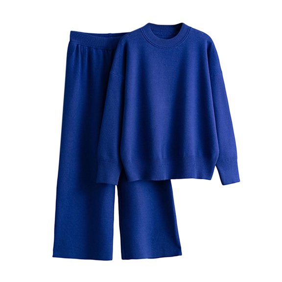 zfwon 2 Piece Outfits Women Lounge Wear Co Ords Sets Crew Neck Long Sleeve Sweater Jumper and Elastic Waist Straight Leg Trousers Matching Sets Stretchy Winter Warm Loungewear Homewear