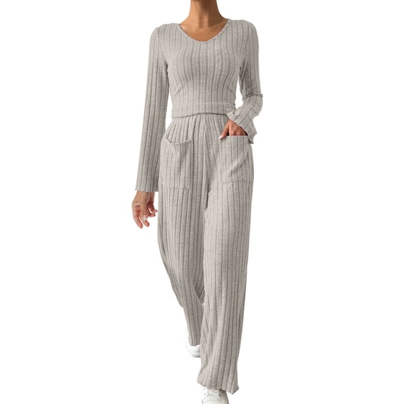 zfwon 2 Piece Outfits Women Tracksuit Knitwear Long Sleeve Crewneck Sweater Tops & Wide Leg Trousers with Pockets Loungewear Sets Casual Sports Outfit for Spring Autumn Travel