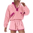 thumbnail image 1 of zfwon 2 Piece Outfits Women Tracksuit Women's Color Blocked V-Neck Pullover Tops & Wide Leg Shorts Matching Set Lightweight Spring Summer Athletic Outfit for Golf Tennis Workout, 1 of 8