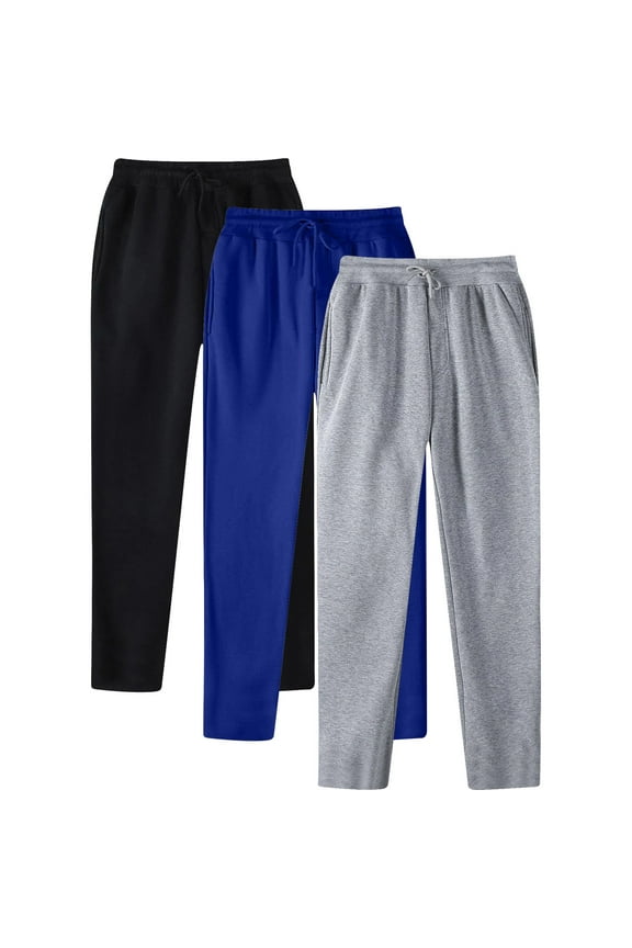 3 PC Men's Sweatpants Jogging Bottoms Loose Solid Color Straight Leg Stretch Open Hem Work Trousers with Pockets Drawstring Elastic Waist Lounge Pants Winter Daily Wear Trousers
