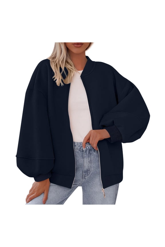 Bomber Jacket for Women Elegant Zip Up Baseball Jacket Bell Sleeves Lightweight Flight Jackets Drop Shoulder Long Sleeve Sweatshits Solid Color Oversized Autumn Winter