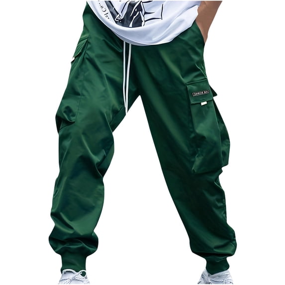 zfwon Cargo Trousers for Men Solid Color Elastic Waist Pants with Multi Pockets Summer Casual Drawstring Joggers Lounge Pants Outdoor Camping Outfits Streetwear