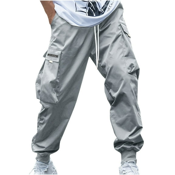 zfwon Cargo Trousers for Men Solid Color Elastic Waist Pants with Multi Pockets Summer Casual Drawstring Joggers Lounge Pants Outdoor Camping Outfits Streetwear