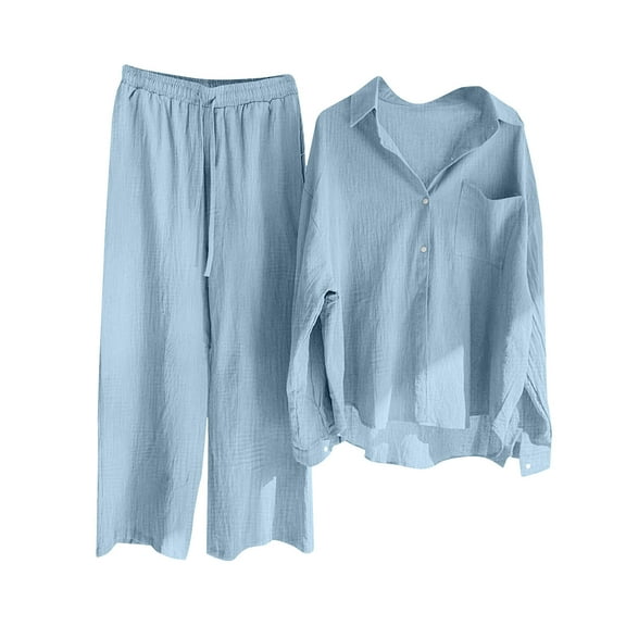 zfwon Co Ord Sets for Women 2 Piece Linen Blend Travel Outfit Button Down Shirt and Wide Leg Trousers Set Oversized Vintage Boho Chic Loose Fit Outfit Casual Spring Summer Fall