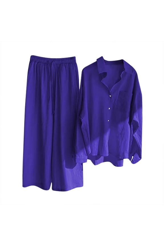 Co Ord Sets for Women 2 Piece Linen Blend Travel Outfit Button Down Shirt and Wide Leg Trousers Set Oversized Vintage Boho Chic Loose Fit Outfit Casual Spring Summer Fall