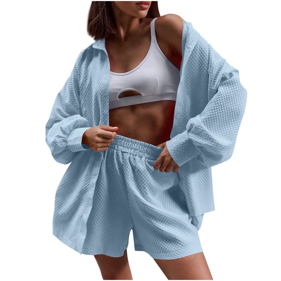 zfwon Co Ord Sets for Women 2 Piece Matching Set Solid Color Collared Button Down Shirts & Elasticated Waist Shorts with Pocket Casual Co Ord Outfits Summer Wear