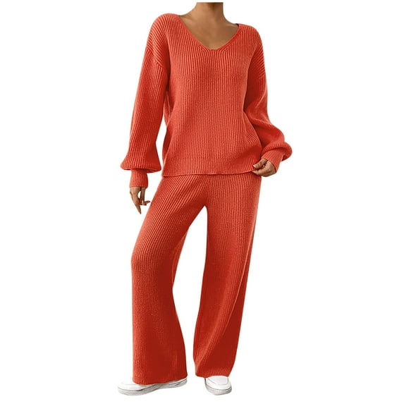 zfwon Co Ord Sets for Women Solid Color Knitwear Sets V-Neck Lantern Sleeve Jumper and Elastic Waist Straight Leg Trousers Womens 2 Piece Travel Outfit Loungewear Soft Winter Sleepwear