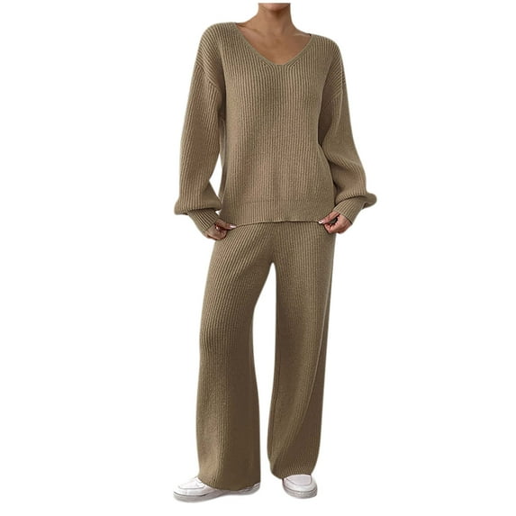 zfwon Co Ord Sets for Women Solid Color Knitwear Sets V-Neck Lantern Sleeve Jumper and Elastic Waist Straight Leg Trousers Womens 2 Piece Travel Outfit Loungewear Soft Winter Sleepwear