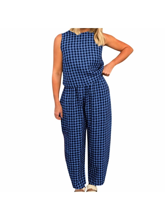Co Ord Sets for Women UK 2 Piece Outfits Checkered Lounge Wear Sets Sleeveless Tank and High Waisted Cropped Trousers Casual Tracksuit Comfy Cotton Plaid Pyjamas Outfit Streetwear