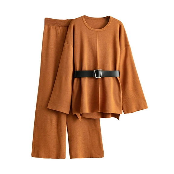 zfwon Co Ord Women's 2 Piece Outfits Sweater Lounge Basics Clothing Sets Long Sleeve Round Neck Sweater Tops with Belted and Wide Leg Trousers Matching Sets Winter Casual Party Loungewear