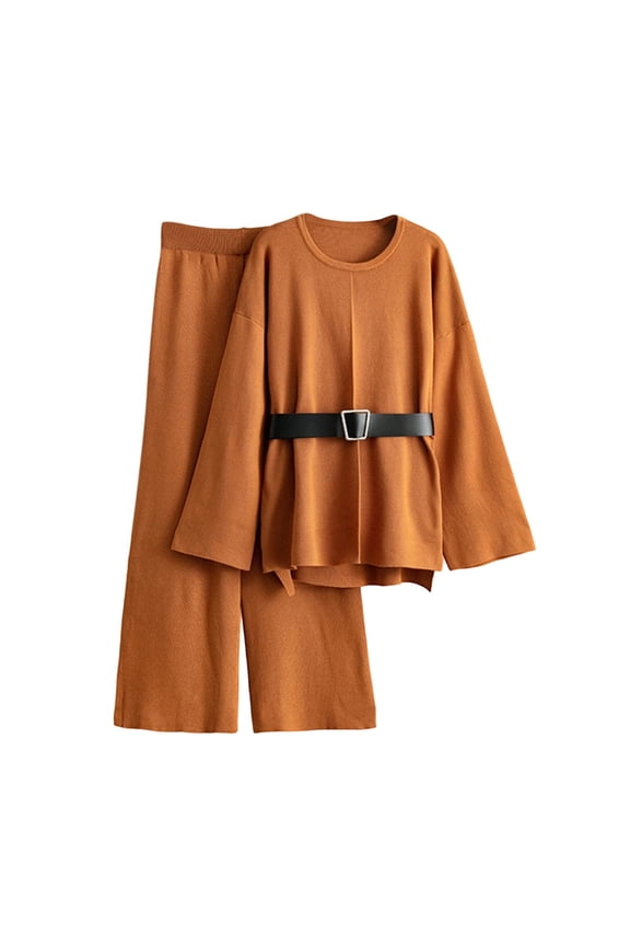 Co Ord Women's 2 Piece Outfits Sweater Lounge Basics Clothing Sets Long Sleeve Round Neck Sweater Tops with Belted and Wide Leg Trousers Matching Sets Winter Casual Party Loungewear