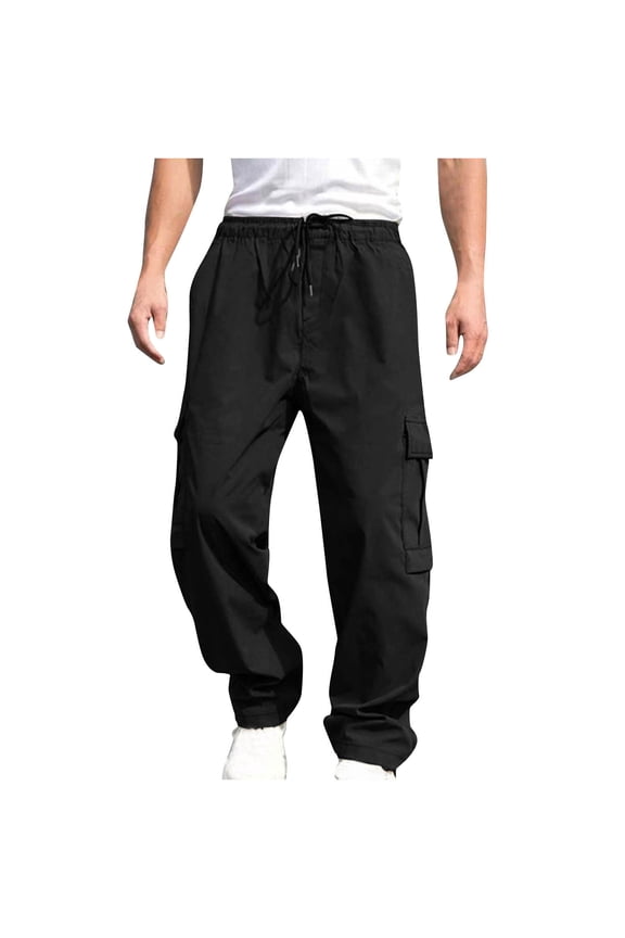 Cotton Trousers for Men Casual Straight Leg Work Pants with Multi Pockets Lightweight Solid Color Elasticated Waist Drawstring Pants Outdoor Smart Hiking Walking Sport Joggers