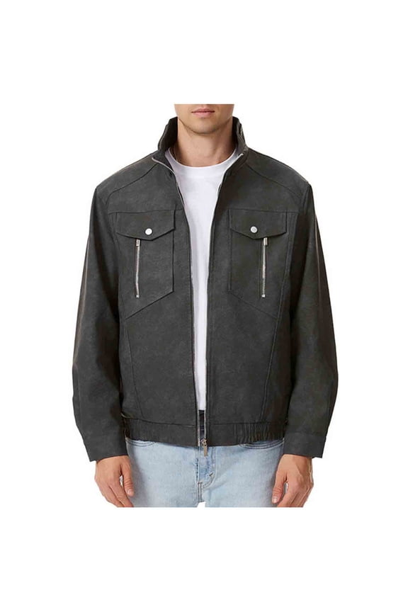 Faux Leather Jacket for Men Oversized Stand Up Collar Coats Fashion Zip Up Plain Color Outwear Outdoor Windproof Jackets Fall Winter Warm Walking Hiking Jogging Streetwear