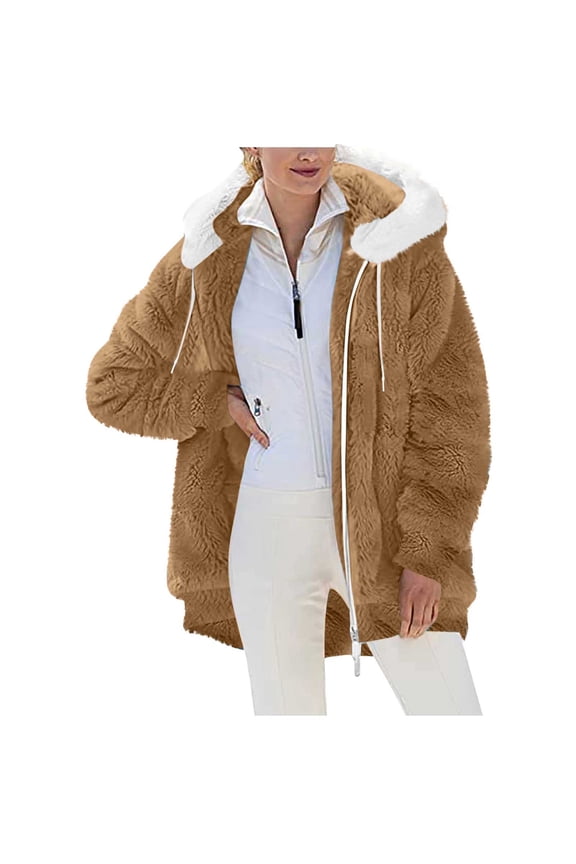 Fleece Jacket Women Full Zip Long Sleeve Teddy Fleece Hoodie Jackets with Cute Ears Pockets Plush Fuzzy Coat Oversized Casual Loungewear Winter Warm Outerwear