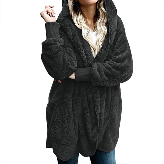 zfwon Fleece Jacket Women Plus Size Plush Fleece Hooded Cardigan Soft Long Sleeve Open Front Jacket with Pockets, Solid Color Casual Sweater Coat Winter Warm Outerwear