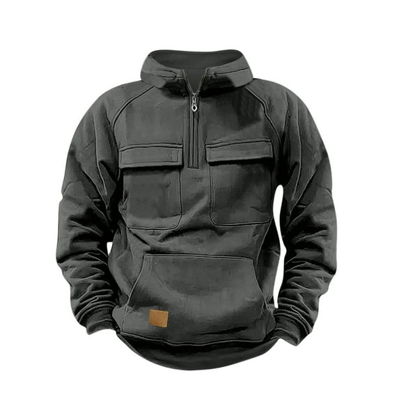 zfwon Hoodies for Men 1/4 Zip Sweatshirts Long Sleeve Plain Color Jumpers with Multi Pockets Outdoor Sportwear Workout Gym Hiking Pullover Autumn Winter