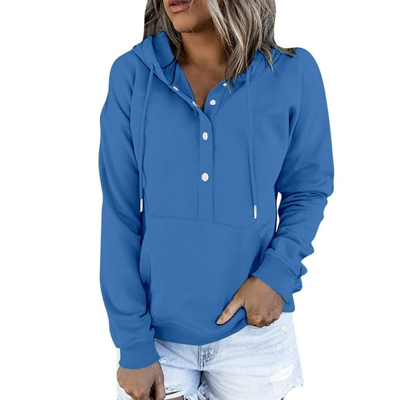 zfwon Hoodies for Women Casual Button V Neck Hoodies Oversized Pullover Sweatshirt Hooded Tops with Pockets Solid Colour Relaxed Fit Long Sleeve Sweatshirt Autumn Winter Tops S-XL