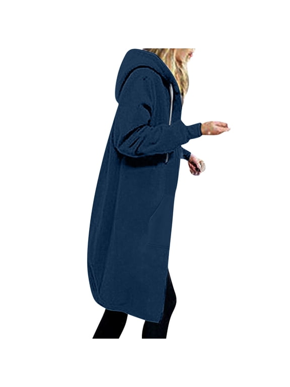 Hoodies for Women Long Casual Zip Up Sweatshirt Comfy Hooded Jackets Plus Size Fleece Lined Jackets Pullover Lightweight Tops with Pockets Loungewear Outerwear Autumn Winter