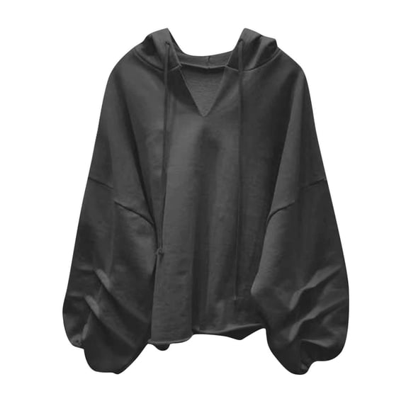 zfwon Hoodies for Women Oversized Hoodie Sweatshirts Soft Long Sleeve Tops Solid Plain V-Neck Hooded Pullover Drawstring Sweatshirt Autumn Running Outerwear Outfits M-XXL