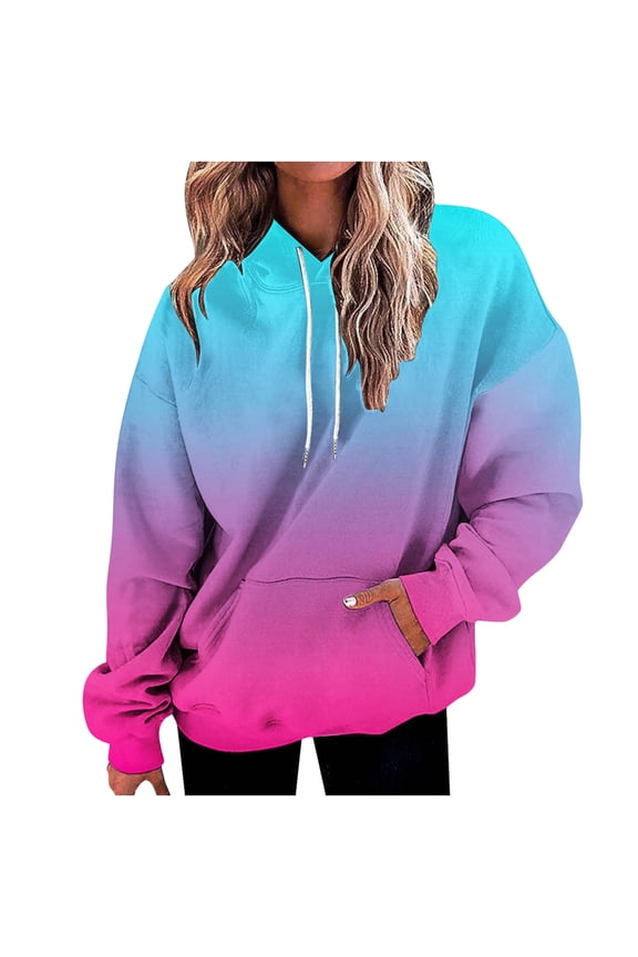 Hoodies for Women Oversized Sweatshirt Women Gradient Print Hooded Sweatshirts Drawstring Pocket Front Pullover Jumpers Tops Winter Warm Casual Outerwear Outfits Size S-5XL