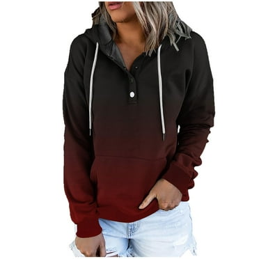 zfwon Hoodies for Women Printed Long Sleeve Sweatshirt Pullover Button Up V Neck Hooded Sweatshirt with Pocket Drawstring Autumn Winter Thermal Plain Jumper Tops