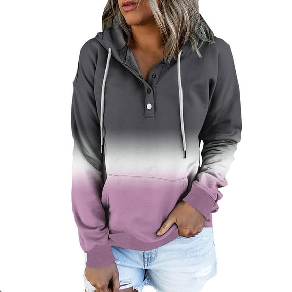 zfwon Hoodies for Women Printed Long Sleeve Sweatshirt Pullover Button Up V Neck Hooded Sweatshirt with Pocket Drawstring Autumn Winter Thermal Plain Jumper Tops
