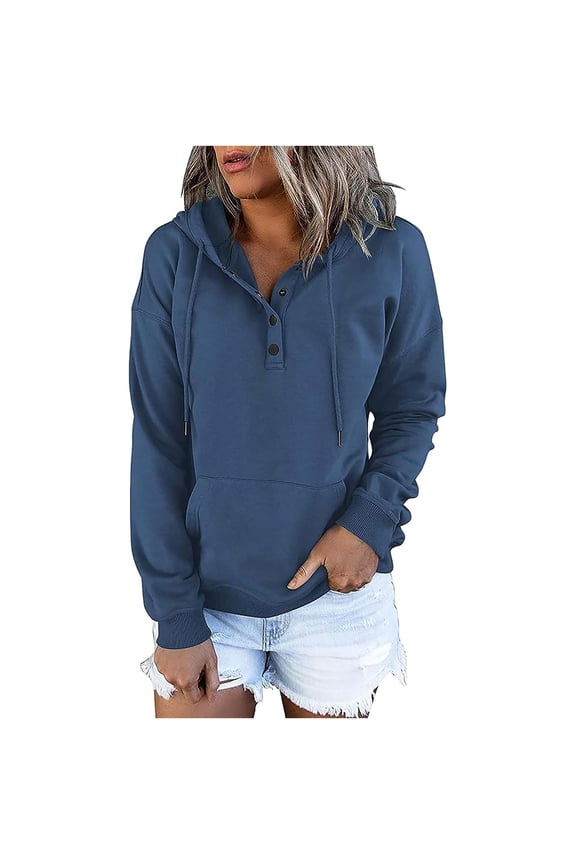 Hoodies for Women Vintage Solid Colour Drawstring Button V Neck Casual Hooded Pullover Long Sleeve Sweatshirts Spring Autumn Winter Tunic Clothes With Pockets Size S-XXL