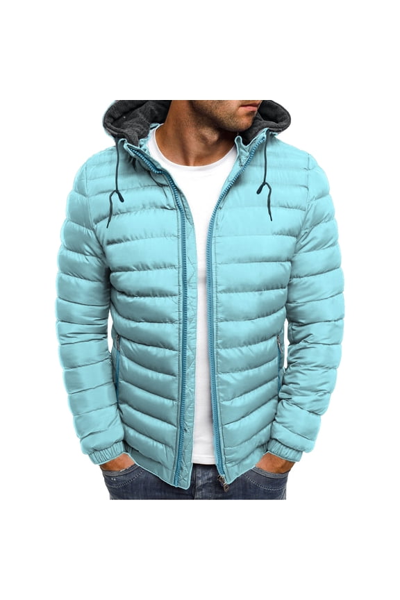 Down Jackets for Men UK Winter Puffer Coats Zip Up Hooded Drawstring Overcoats with Pockets Warm Cozy Solid Color Windproof Outerwear Outdoor Hiking Walking Jakcets