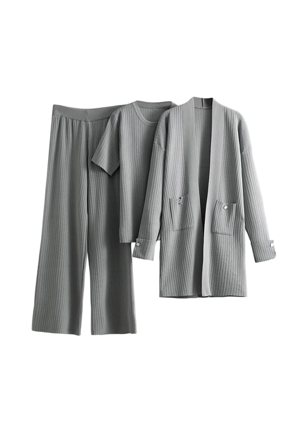 Knit Co Ord Sets for Women 3 Piece Loungewear Sets Long Cardigans and Short Sleeve Sweater Tops Match Wide Leg Pants Solid Color Business Casual Trouser Suits with Pocket