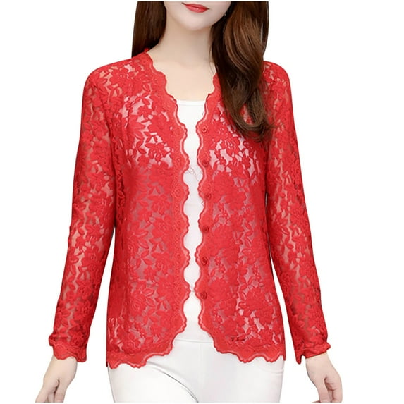 zfwon Lace Cardigans for Women Long Sleeves Plus Size 16-24 Women's Casual Lace Crochet Cardigan Shrugs Jacket Coat Lightweight Open Front Cover Up Blouse Shirt for Wedding