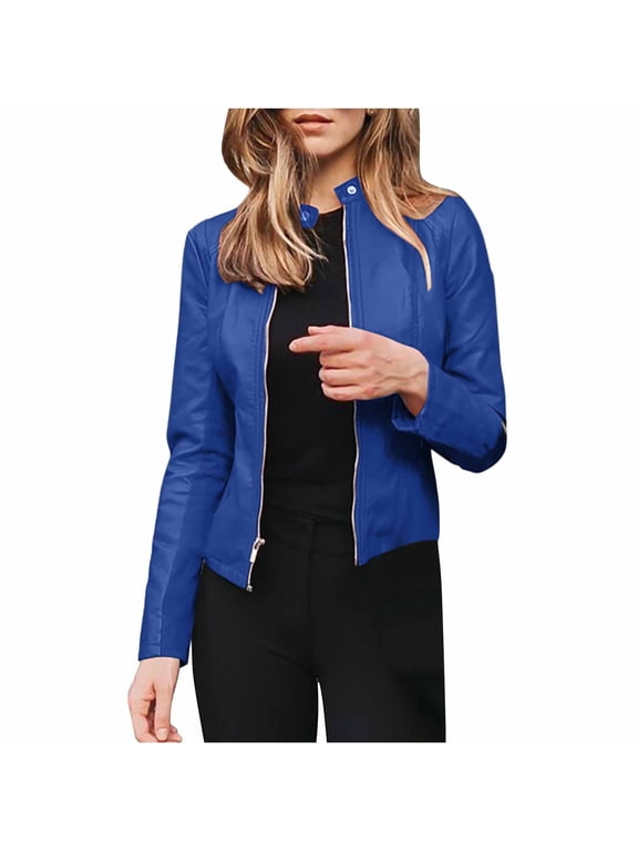Ladies Faux Leather Jackets PU Moto Motorcycle Classic Biker Jacket Zip Up Short Outwear Basic Slim Fit Cropped Coat Vintage Bomber Jackets Autumn Long Sleeve Coat