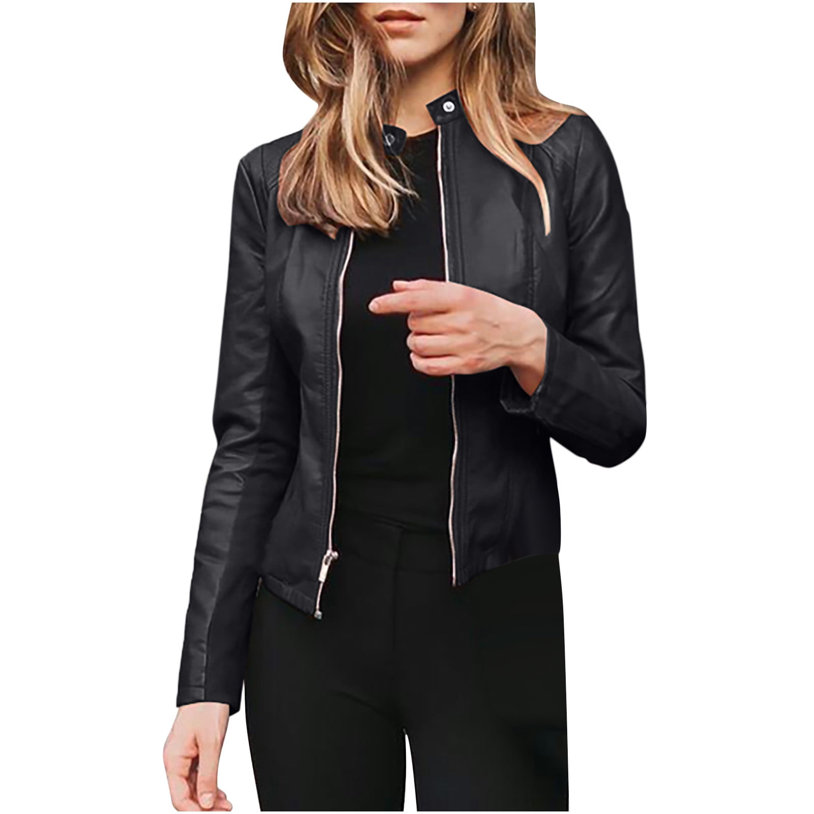 zfwon Ladies Faux Leather Jackets PU Moto Motorcycle Classic Biker Jacket Zip Up Short Outwear Basic Slim Fit Cropped Coat Vintage Bomber Jackets Autumn Long Sleeve Coat