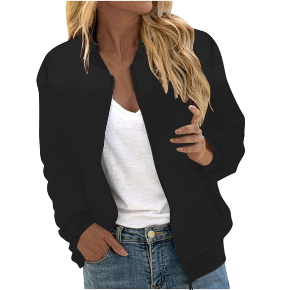 zfwon Ladies Lightweight Jackets Textured Bomber Jacket Long Sleeve Zip Up Sweatshirt Coat Flight Jacket with Pockets Casual Thin Outfits Cardigan Outerwear for Everyday Autumn