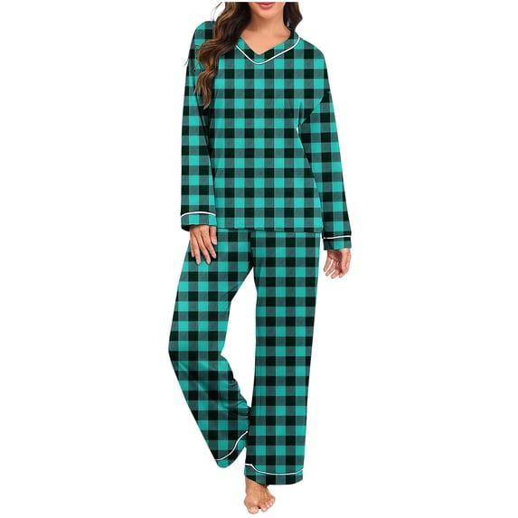zfwon Ladies Pajamas Sets Plaid Floral Print 2 Piece Matching Set Pajama Sets Women's Long Sleeve V-Neck Tops & Wide Leg Trousers Casual Loose Fit Sleepwear Loungewear