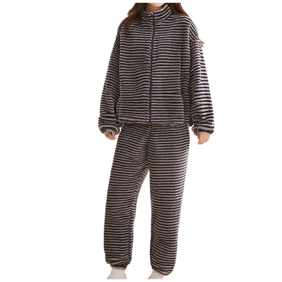 zfwon Ladies Pajamas Sets Women's 2 Piece Winter Loungewear Set Striped Stand Collar Zip-Up Long Sleeve Jacket Tops & Wide Leg Jogger Pants Winter Thermal Sleepwear Loungewear Homewear